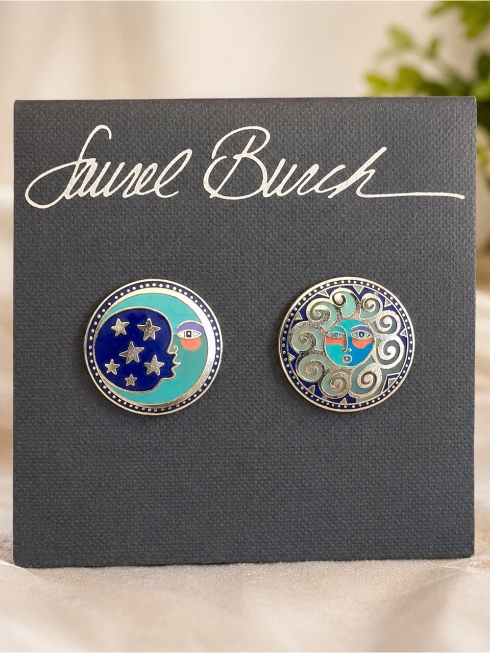 Vintage Laurel Burch Celestial Sun & Moon Enamel Stud Earrings Signed 1999